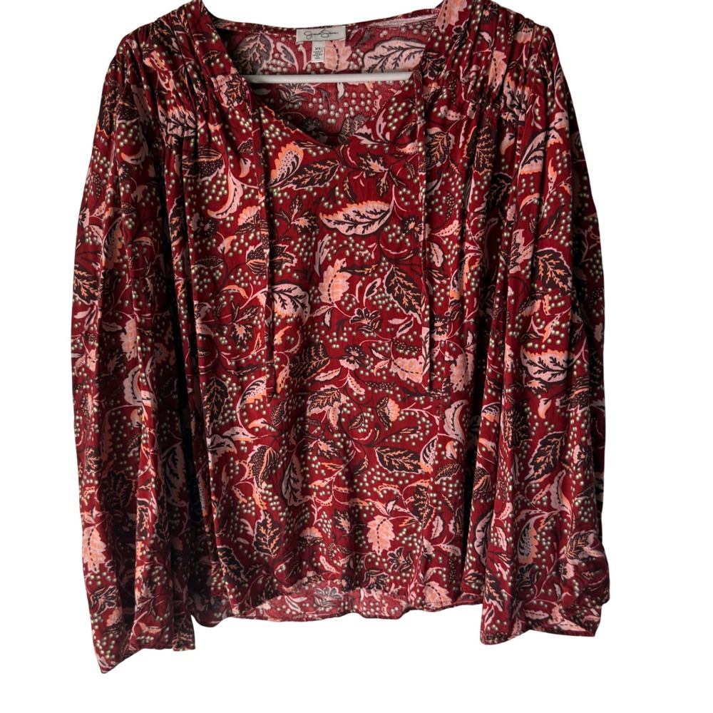 Jessica‎ Simpson Burgundy Floral Print Tassel Neck Long Slv Blouse XL Fall Boho
